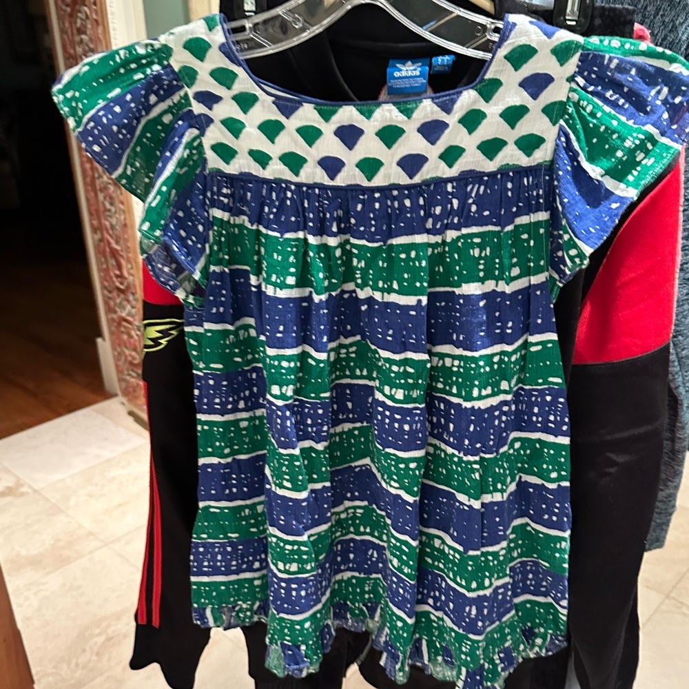 Anthropology/ Dear Creatures blue/green/white tunic with detailing, cotton XS